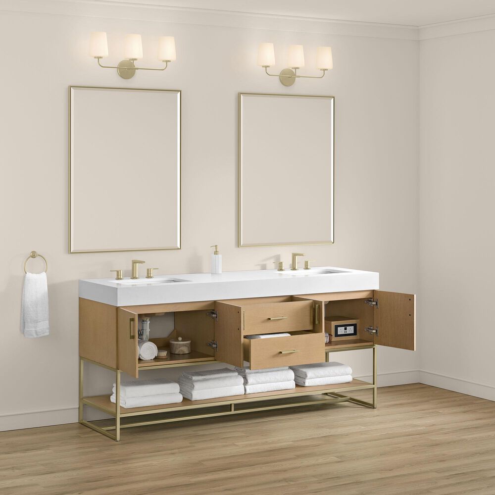 37B Mauri 72" Double Bathroom Vanity with Metal Base in Warm Oak with High-Profile 4" White Composite Stone Top, , large