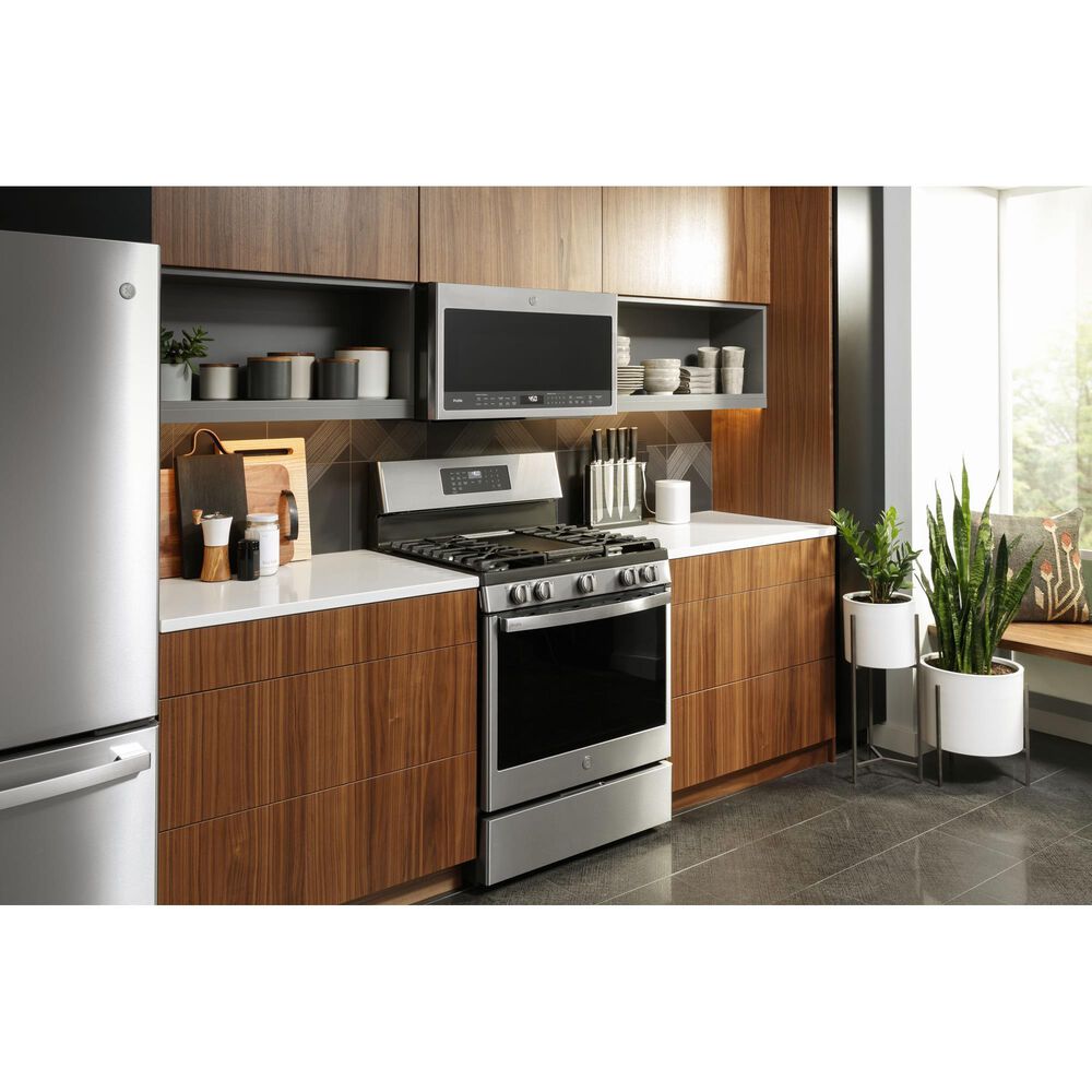 GE Profile 5.6 Cu. Ft. Smart Free-Standing Gas Range and 2.1 Cu. Ft. Over-the-Range Sensor Microwave Oven in Fingerprint Resistant Stainless Steel, , large