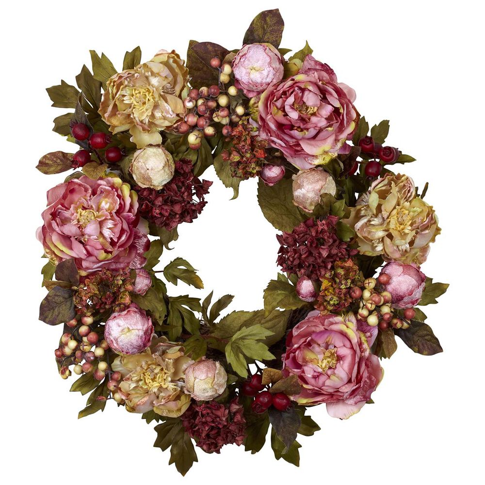 Nearly Natural Inc 24" Peony Hydrangea Wreath, , large