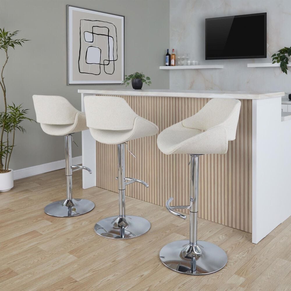 LumiSource Fabrico Swivel Adjustable Bar Stool with Cream Noise Fabric Upholstery and Rounded T Footrest in Chrome (Set of 2), , large