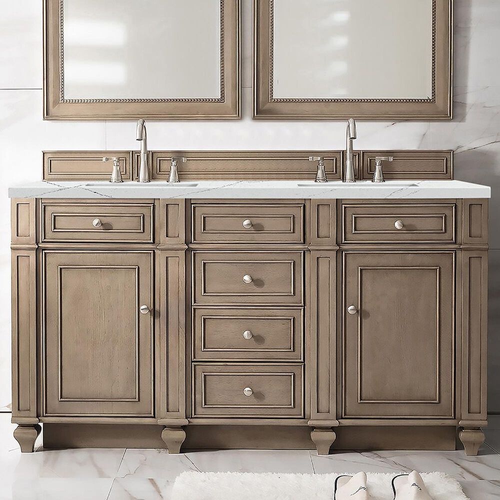 James Martin Vanities Bristol 60&quot; Double Bathroom Vanity in Whitewashed Walnut with 3 cm Ethereal Noctis Quartz Top and Rectangular Sinks, , large