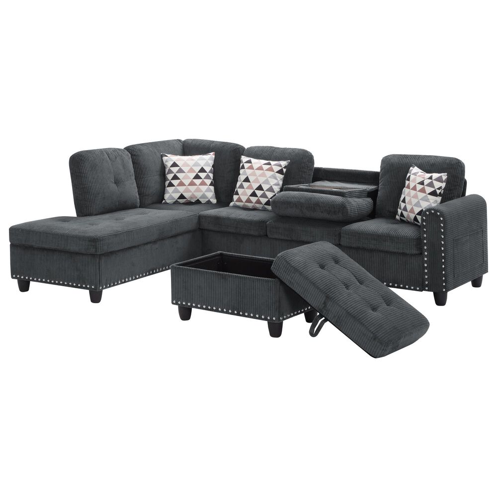 HOMLUX 94.49" L-Shaped Modular Sectional Sofa with Storage Ottoman and Cup Holders in Dark Gray, , large