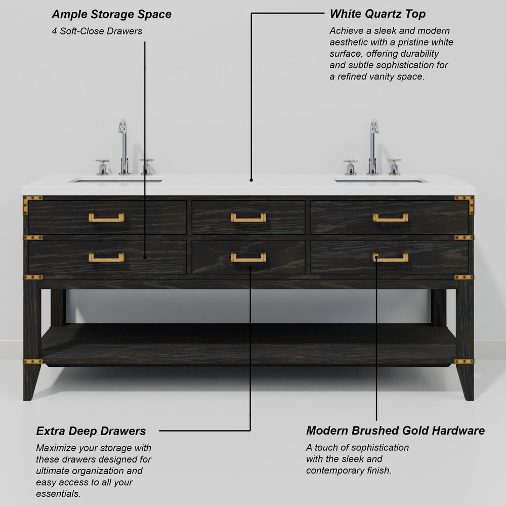 Lexora Home Norwalk 72" Double Bathroom Vanity in Black Oak with White Quartz Top and Rectangular Sinks, , large