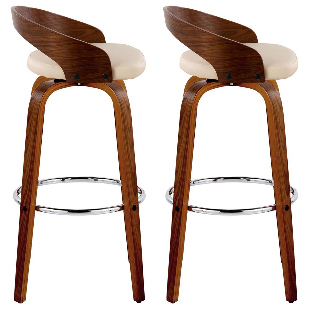 LumiSource Grotto 30" Swivel Barstool with Cream Faux Leather Upholstery in Walnut and Chrome (Set of 2), , large