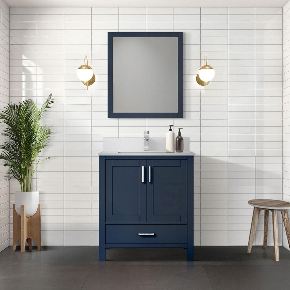 Lexora Home Jacques 30&quot; Single Bathroom Vanity in Navy Blue with 2 cm White Quartz Top and Rectangular Sink, , large