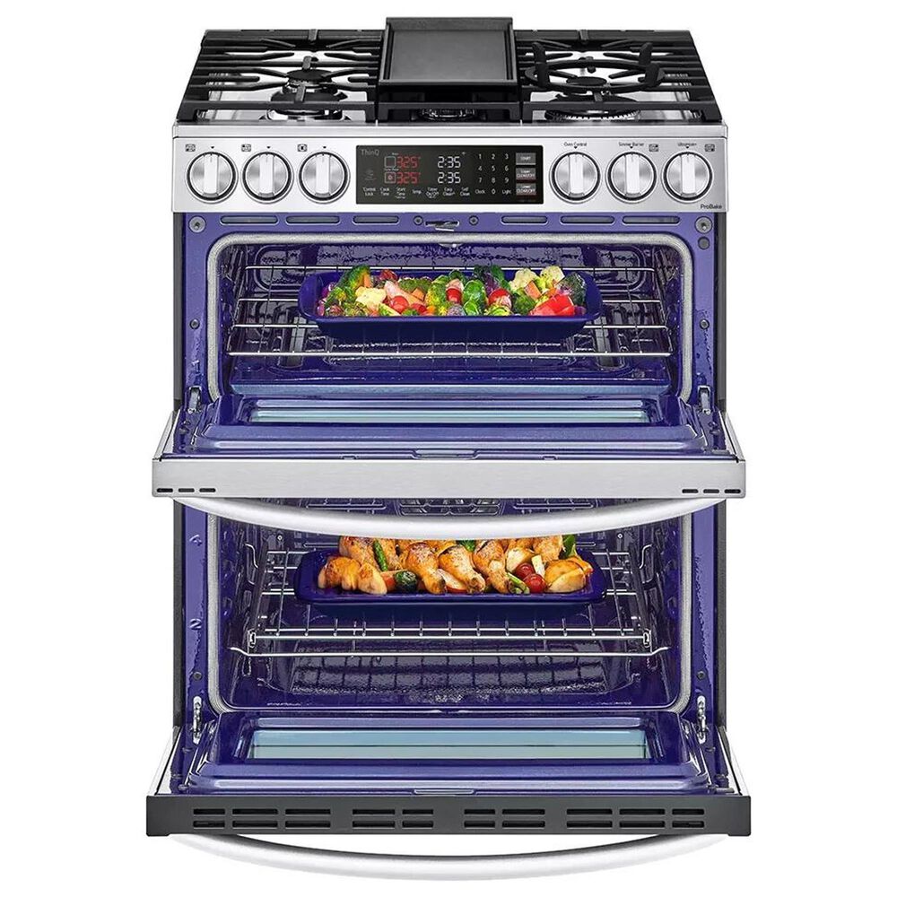 LG 2-Piece Kitchen Package with 6.9 Cu. Ft. Smart Slide-In Double Oven Gas Range and 2.1 Cu. Ft. Smart Over-the-Range Microwave in Printproof Stainless Steel, , large