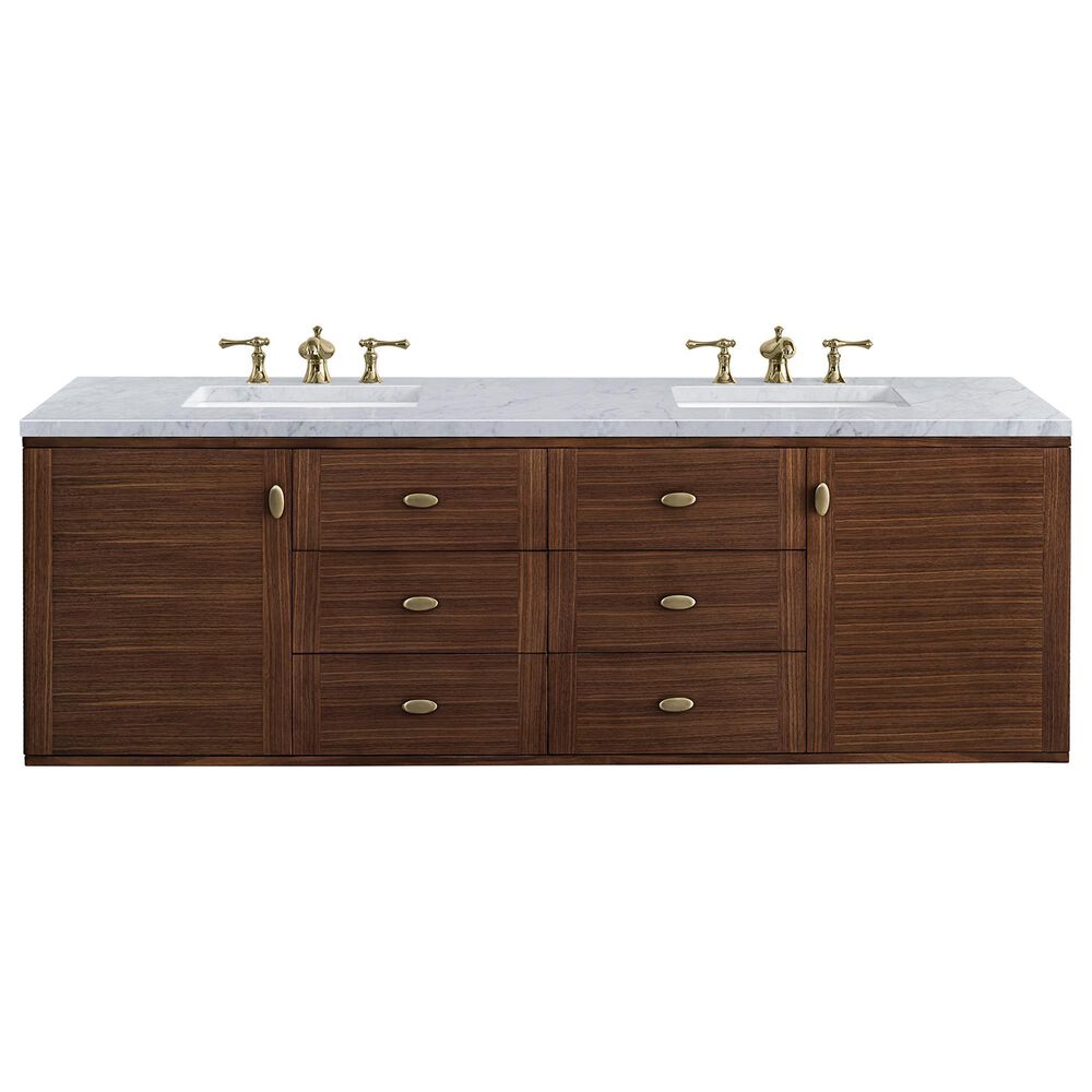 James Martin Vanities Amberly 72&quot; Double Bathroom Vanity in Walnut with 3 cm Carrara White Marble Top and Rectangular Sinks, , large