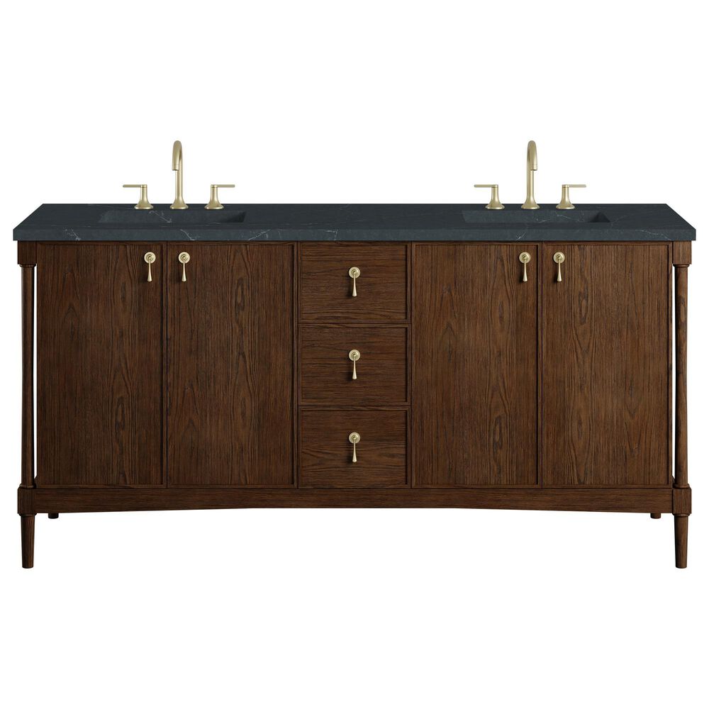 James Martin Kinnsden 72" Double Bathroom Vanity in Sable Oak with 3 cm Charcoal Soapstone Silestone Top and Rectangular Sinks, , large