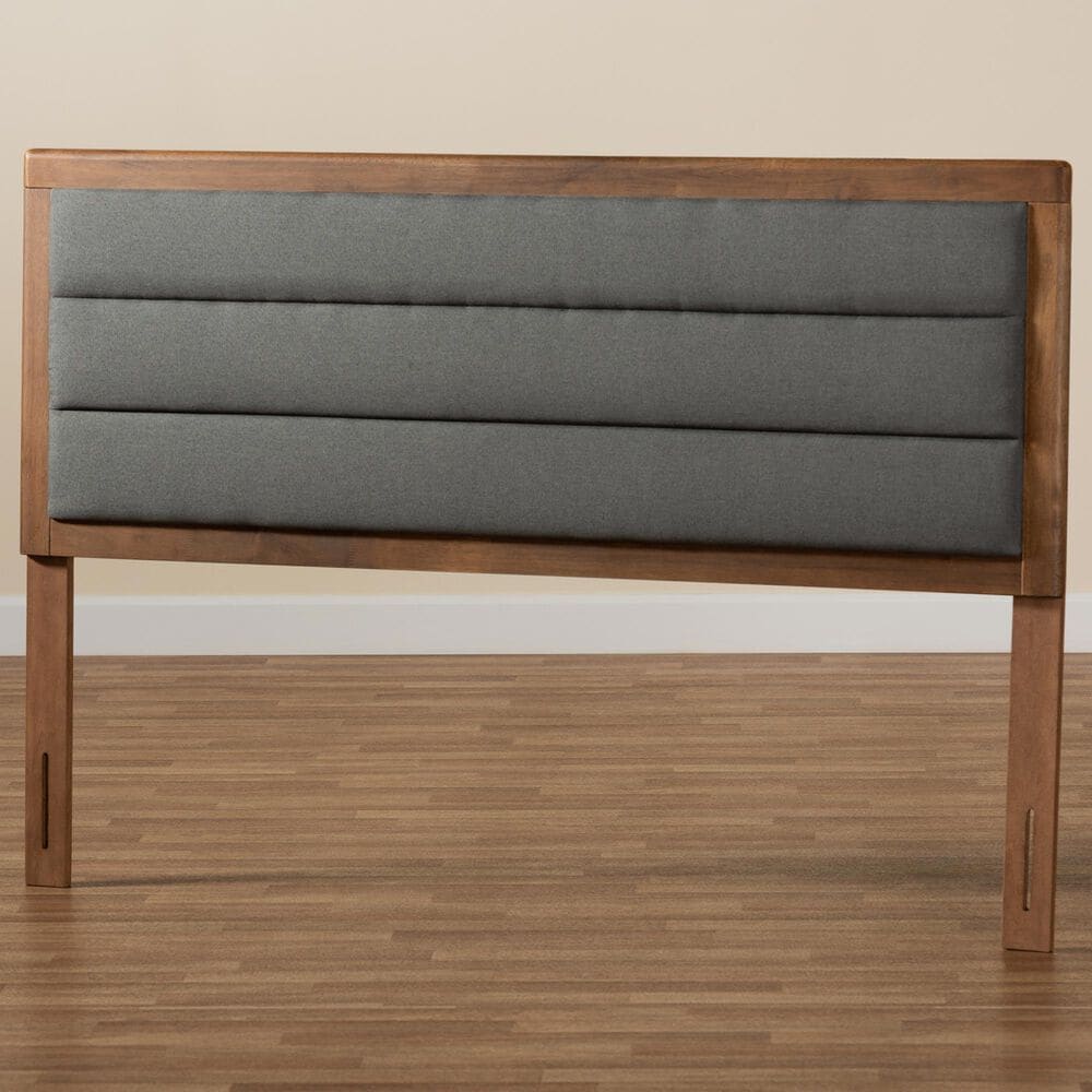 Baxton Studio Dexter Queen Panel Headboard with Dark Grey Fabric in Walnut Brown, , large