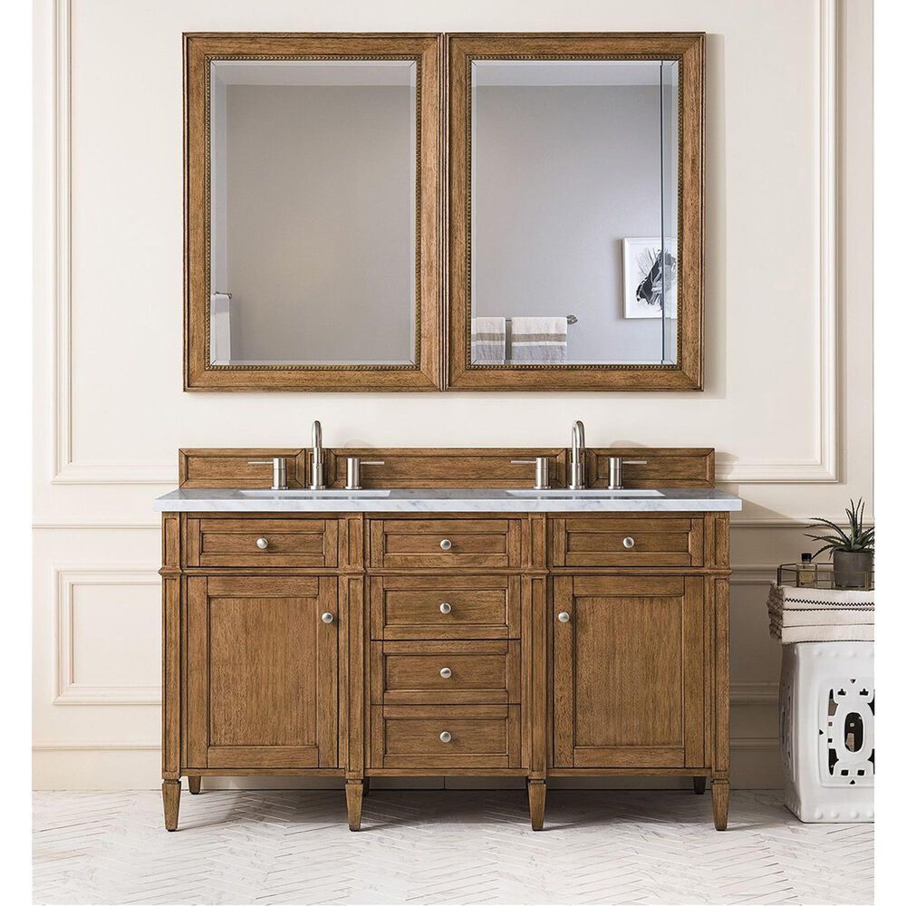 James Martin Vanities Brittany 60&quot; Double Bathroom Vanity in Saddle Brown with 3 cm Eternal Jasmine Pearl Quartz Top and Rectangular Sinks, , large
