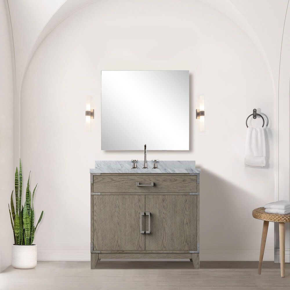 Lexora Home Laurel 36&quot; Single Bathroom Vanity in Grey Oak with White Carrara Marble Top and Rectangular Sink, , large