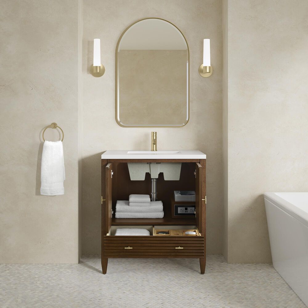 James Martin Myrrin 30" Single Bathroom Vanity in Mid-Century Walnut with Single Hole 3 cm White Zeus Silestone Top and Rectangular Sink, , large