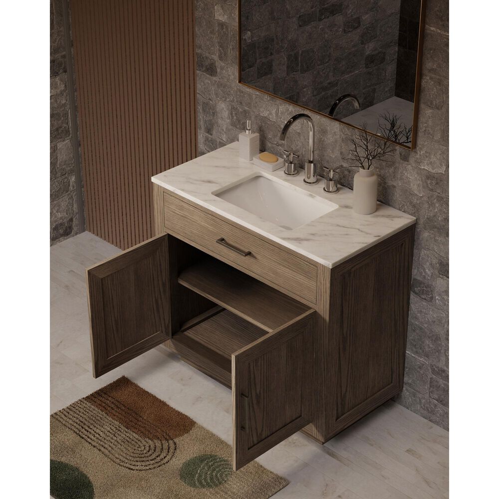 Lexora Home Abbey 36" Single Bathroom Vanity in Grey Oak with 2 cm White Carrara Marble Top and Rectangular Sink, , large