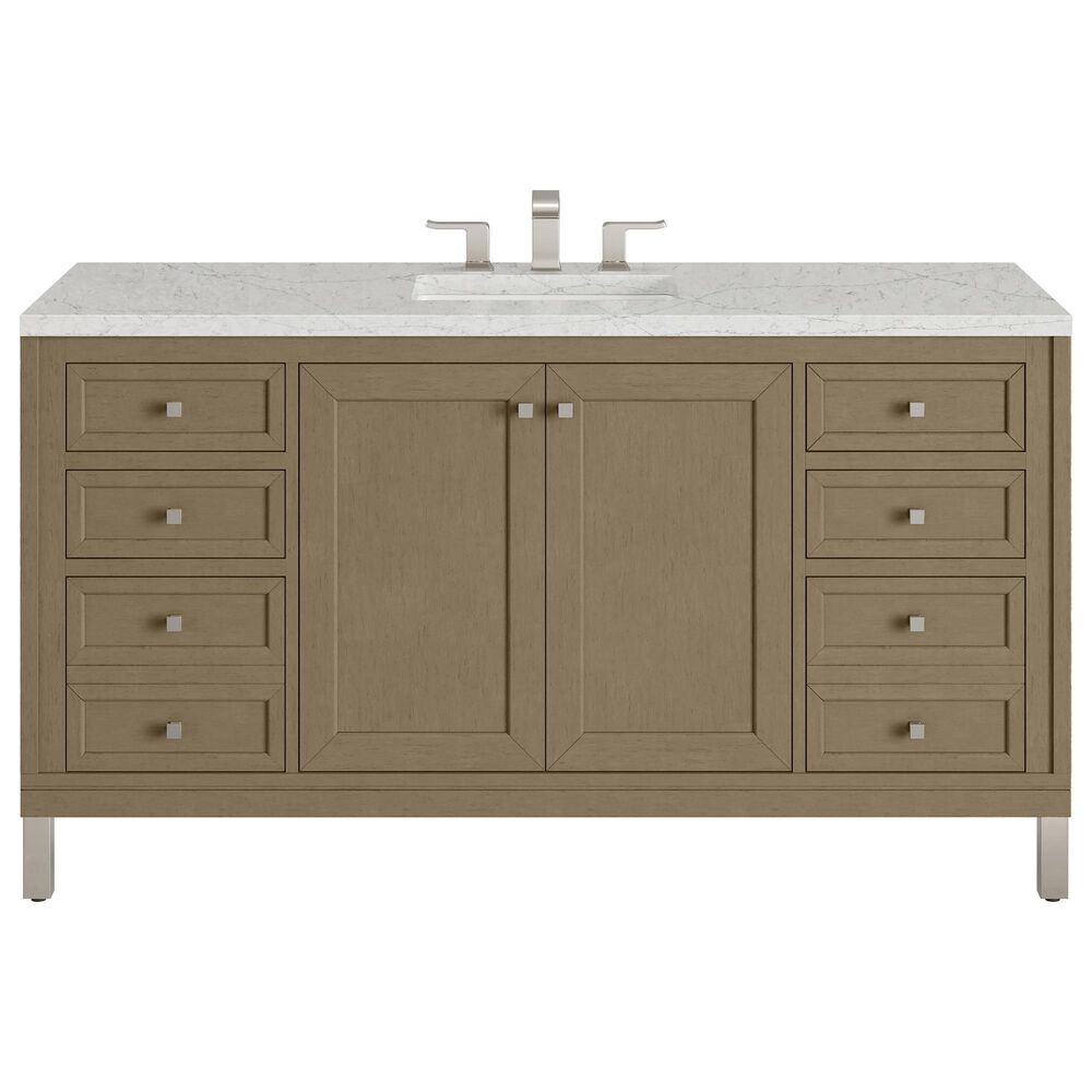 James Martin Vanities Chicago 60" Single Bathroom Vanity in Walnut Whisper with 3 cm Eternal Jasmine Pearl Quartz Top, Rectangular Sink and FreePower Wireless Charger, , large