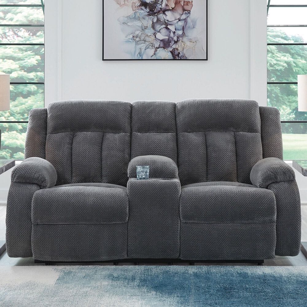 Ashley Observation Power Reclining Loveseat with Console in Steel Velvet, , large