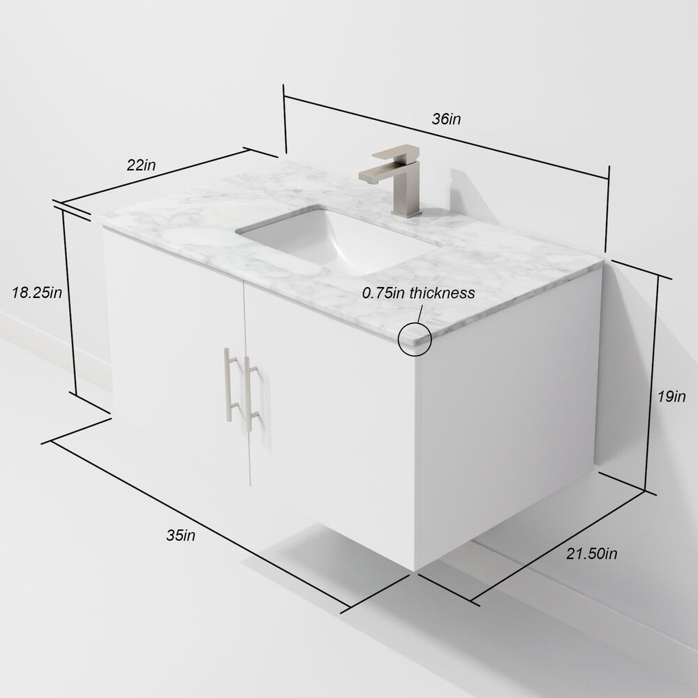 Lexora Home Geneva 36" Single Bathroom Vanity in Glossy White with 2 cm White Carrara Marble Top and Rectangular Sink, , large