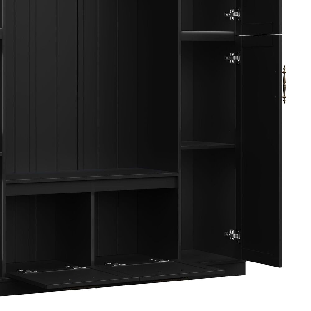 HOMLUX 5-Hook Hall Tree with 4 Side Cabinets and Storage Bench in Black, , large