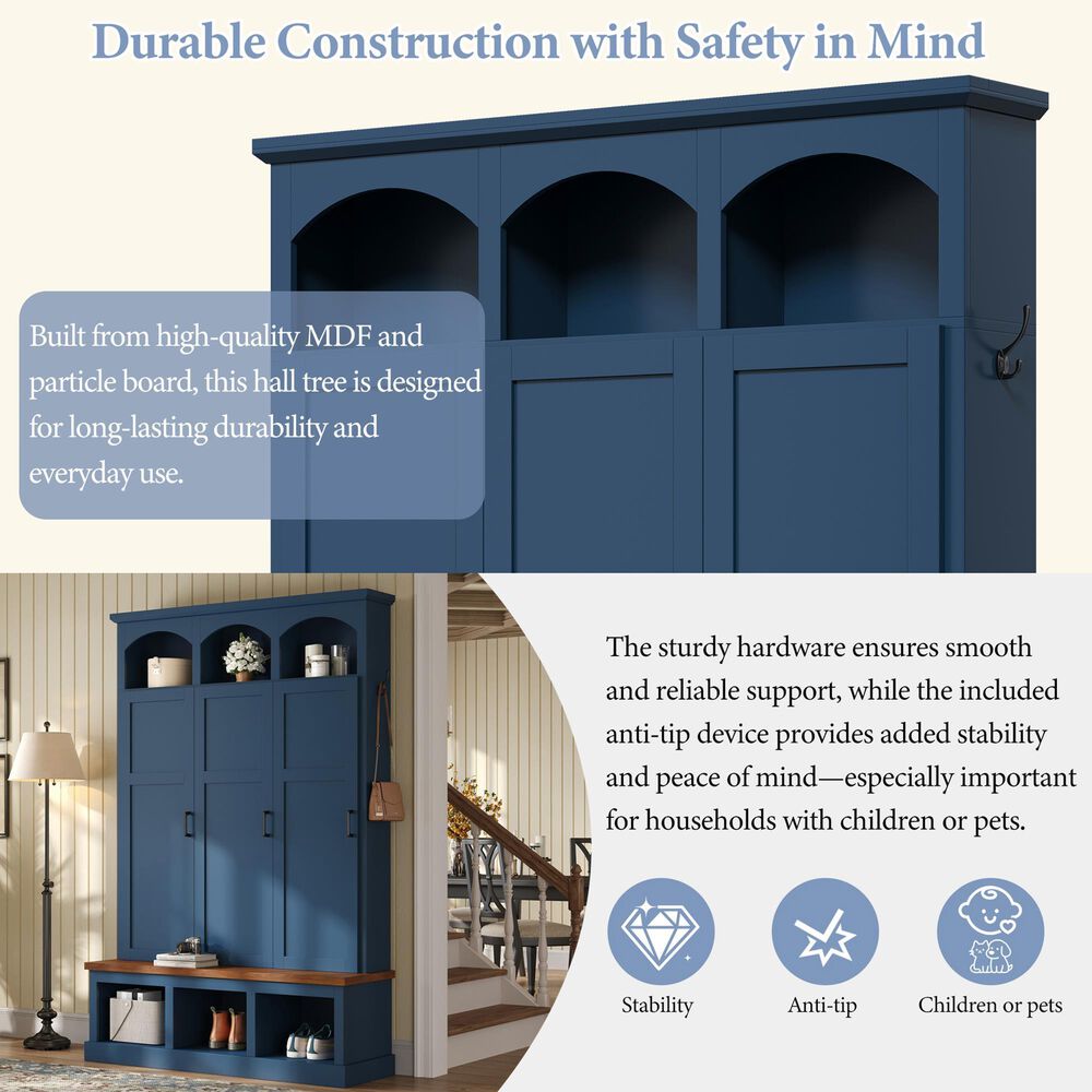 HOMLUX 5-Hook Hall Tree with 3 Hidden Storage in Blue and Walnut, , large