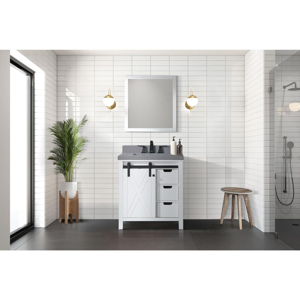 Lexora Home Marsyas 30&quot; Single Bathroom Vanity in White with Grey Quartz Top and Rectangular Sink, , large