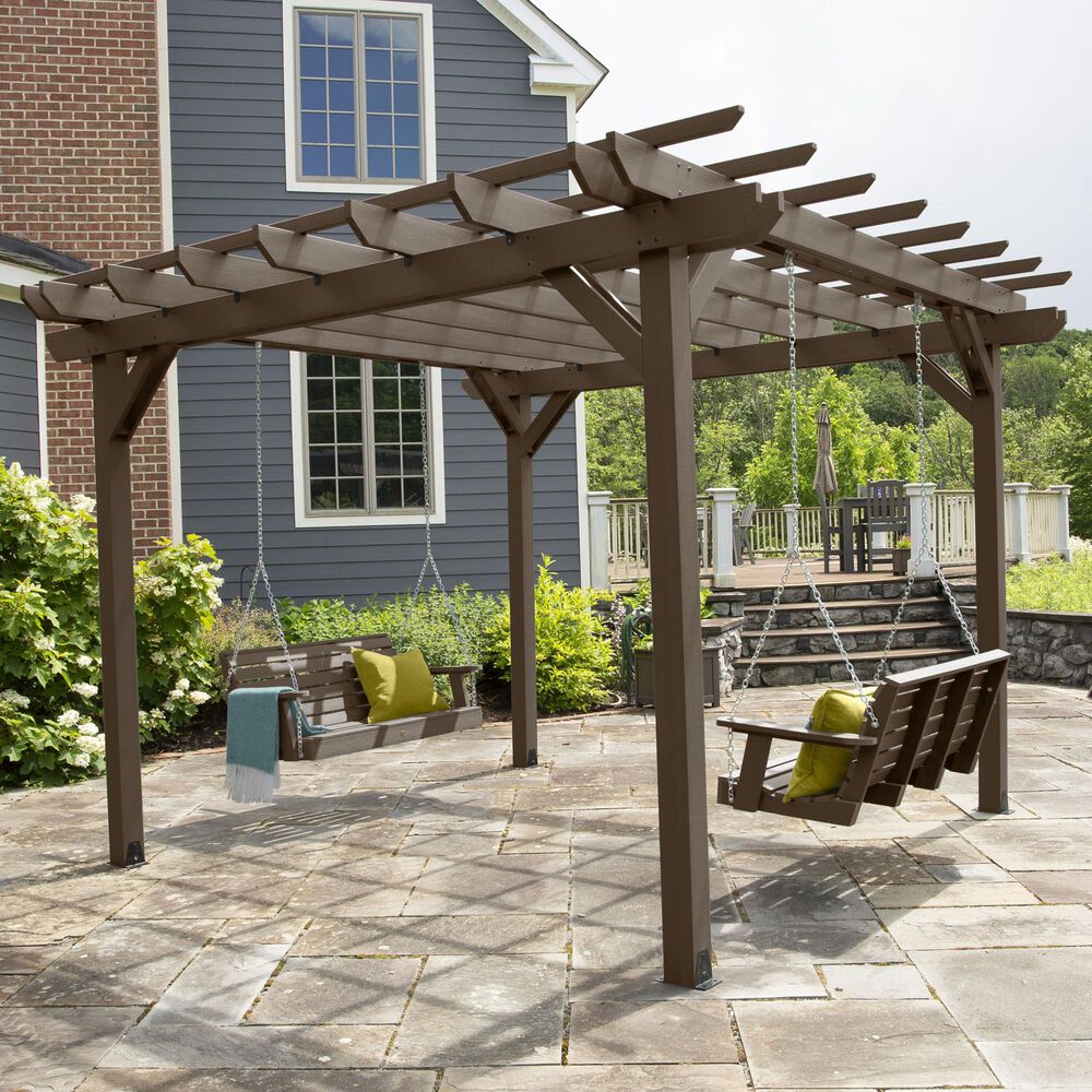 Highwood USA Bodhi 12&#39; x 12&#39; Pergola with 2 Weatherly 4&#39; Porch Swings in Weathered Acorn, , large
