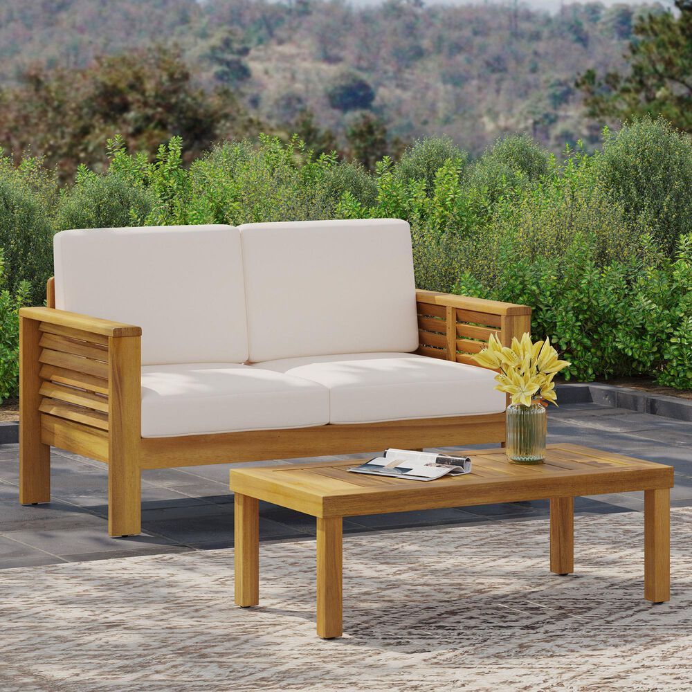 Hearth and Haven 2-Piece Patio Conversation Set with Cream Cushion in Teak, , large