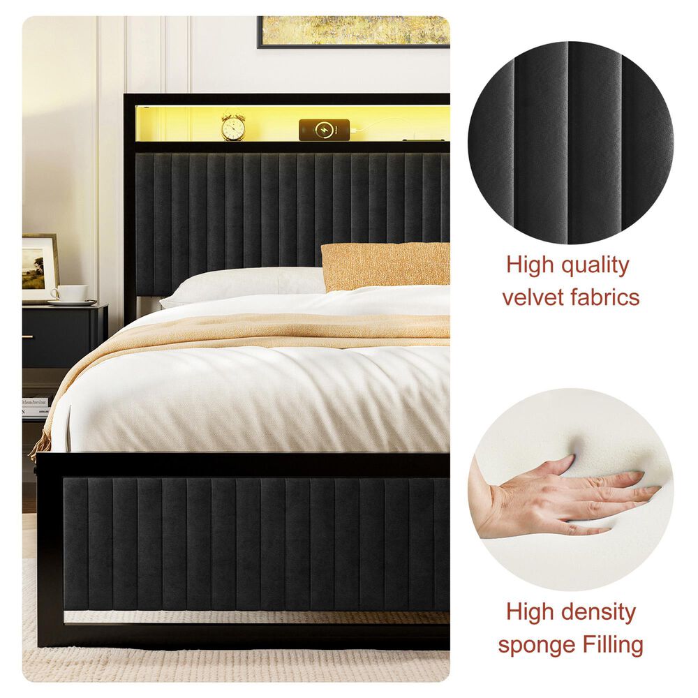 HOMLUX Full Upholstered Platform Storage Bed Frame in Black, , large