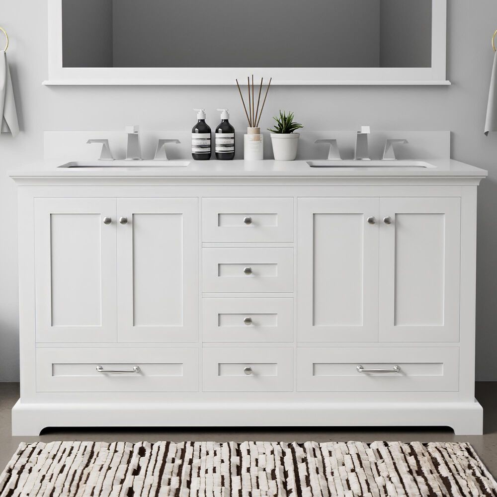 Lexora Home Dukes 60&quot; Double Bathroom Vanity in White with 2 cm White Quartz Top and Rectangular Sinks, , large
