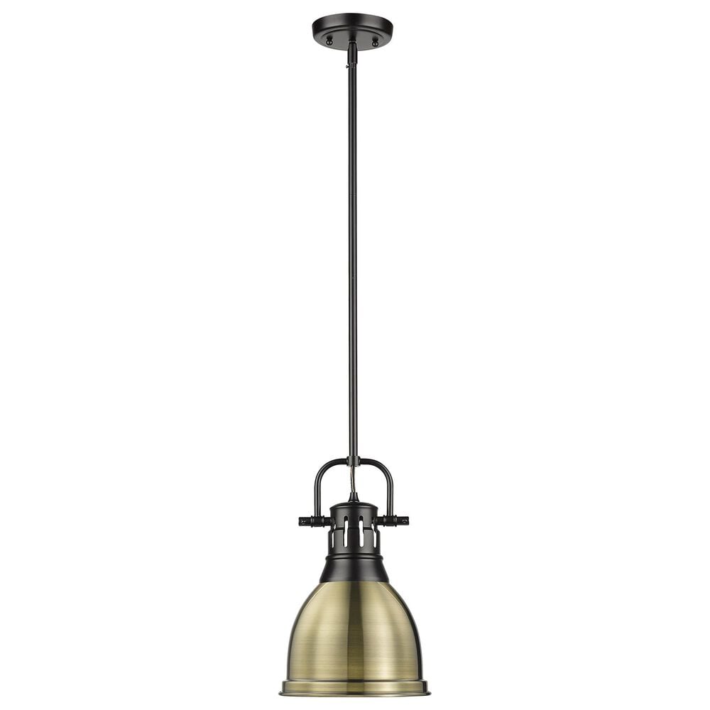 Golden Lighting Duncan 1-Light Small Pendant with Rod and Aged Brass Shade in Matte Black, , large