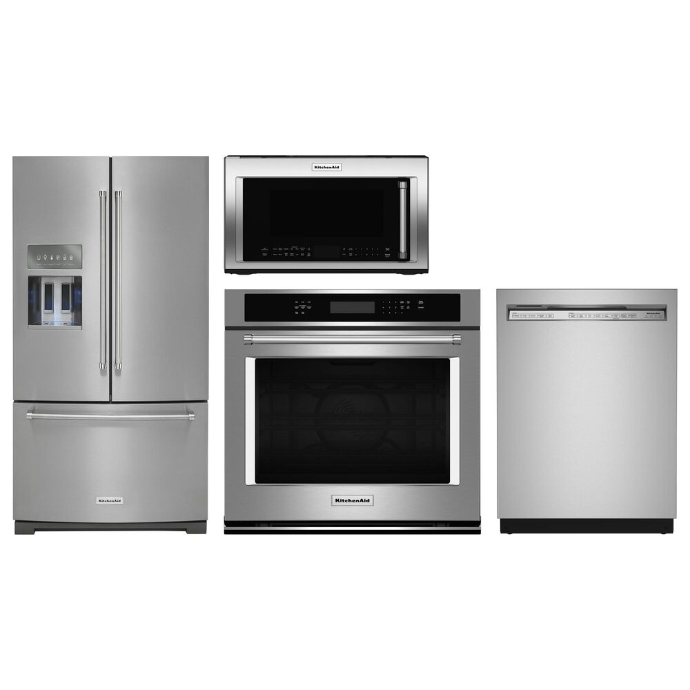 KitchenAid 4-Piece Kitchen Package with 26.8 Cu. Ft. French Door Refrigerator and 30" Single Wall Oven in Stainless Steel, , large