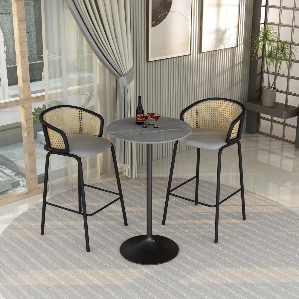 Leisuremod LeisureMod Verve Collection Modern Bar Height Table Black Base with 27 Round Marble Grey Sintered Stone Top, , large