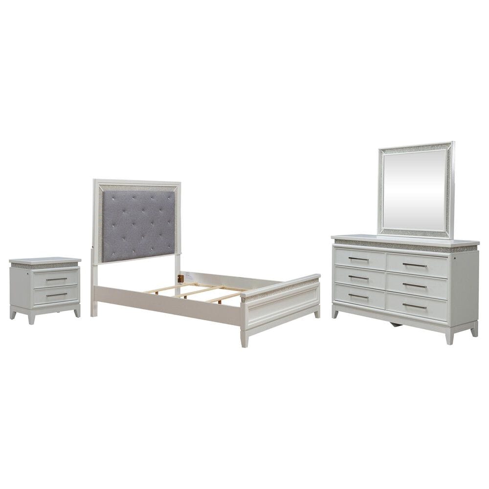 Belle Furnishings Reflections 4-Piece Queen Upholstered Bedroom Set in Pearl White and Rhinestone, , large