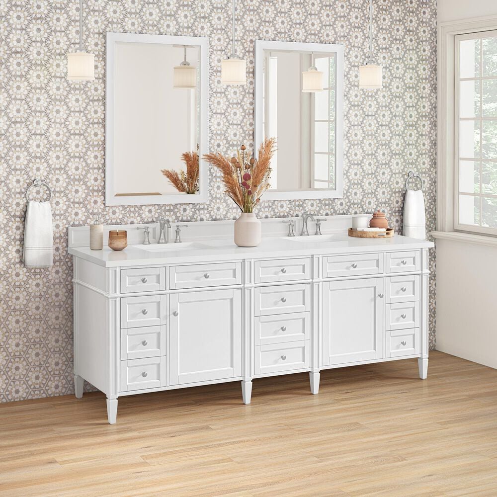 James Martin Brittany 84" Double Bathroom Vanity in Bright White with 3 cm White Zeus Top and Rectangular Sinks, , large