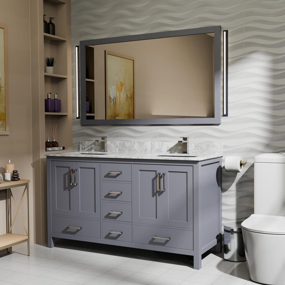 Lexora Home Jacques 60" Double Bathroom Vanity in Dark Grey with 2 cm White Carrara Marble Top and Rectangular Sinks, , large