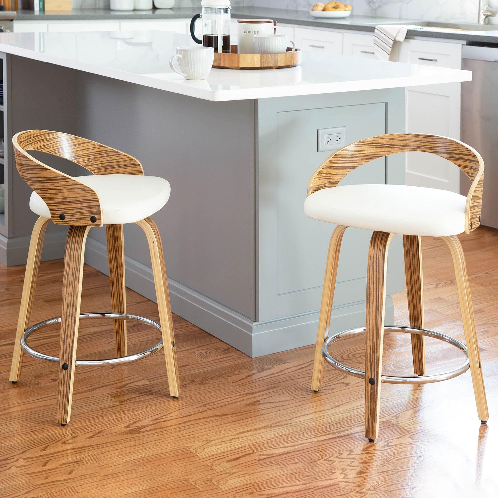 Lumisource Grotto Swivel Counter Stool with White Cushion in Zebra