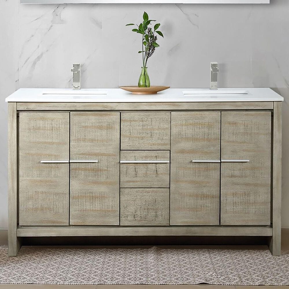 Lexora Home Lafarre 60&quot; Double Bathroom Vanity in Rustic Acacia with 2 cm White Quartz Top and Rectangular Sinks, , large