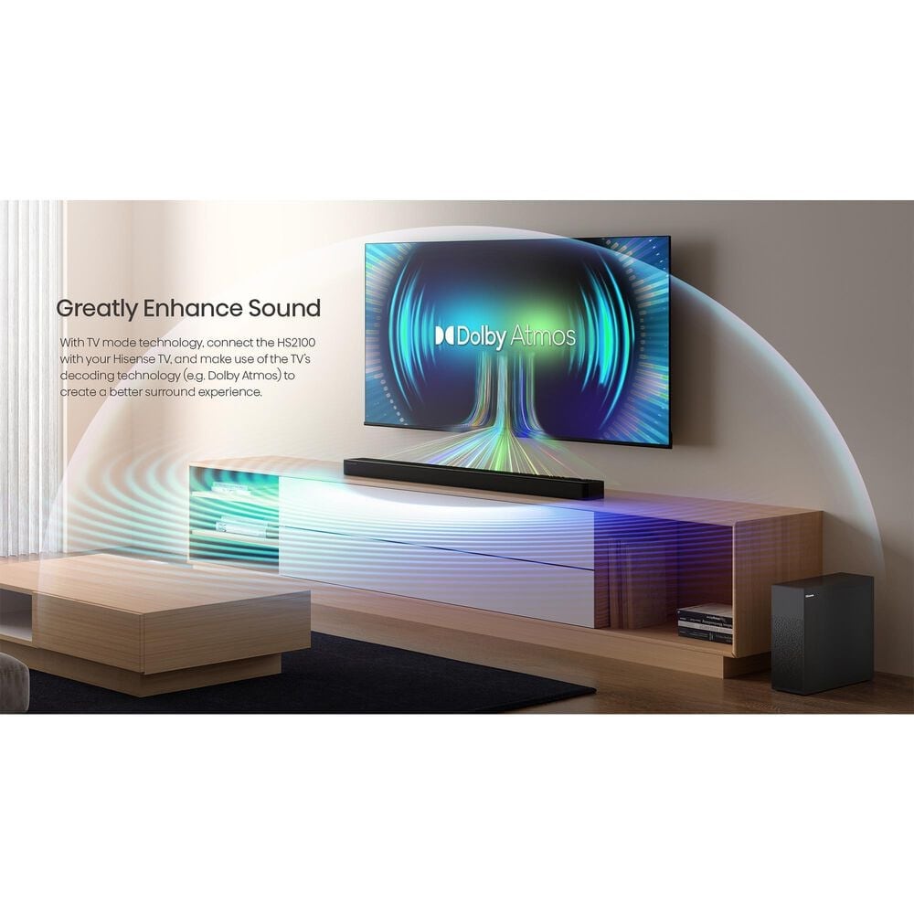 Hisense HS2100 2.1 CH Soundbar with Wireless Subwoofer, , large
