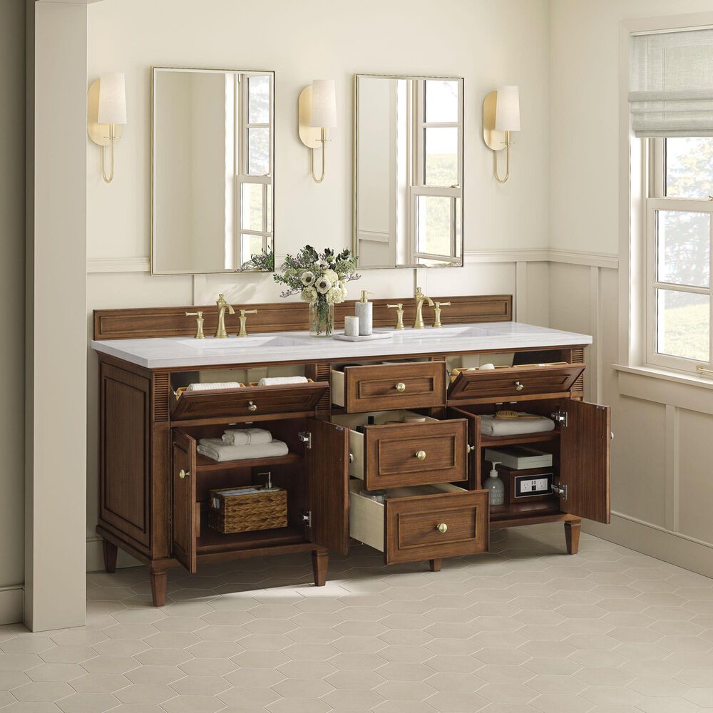 James Martin Vanities Lorelai 72&quot;Double Vanity in Mid-Century Walnut with 3 cm Arctic Fall Solid Surface Top, , large