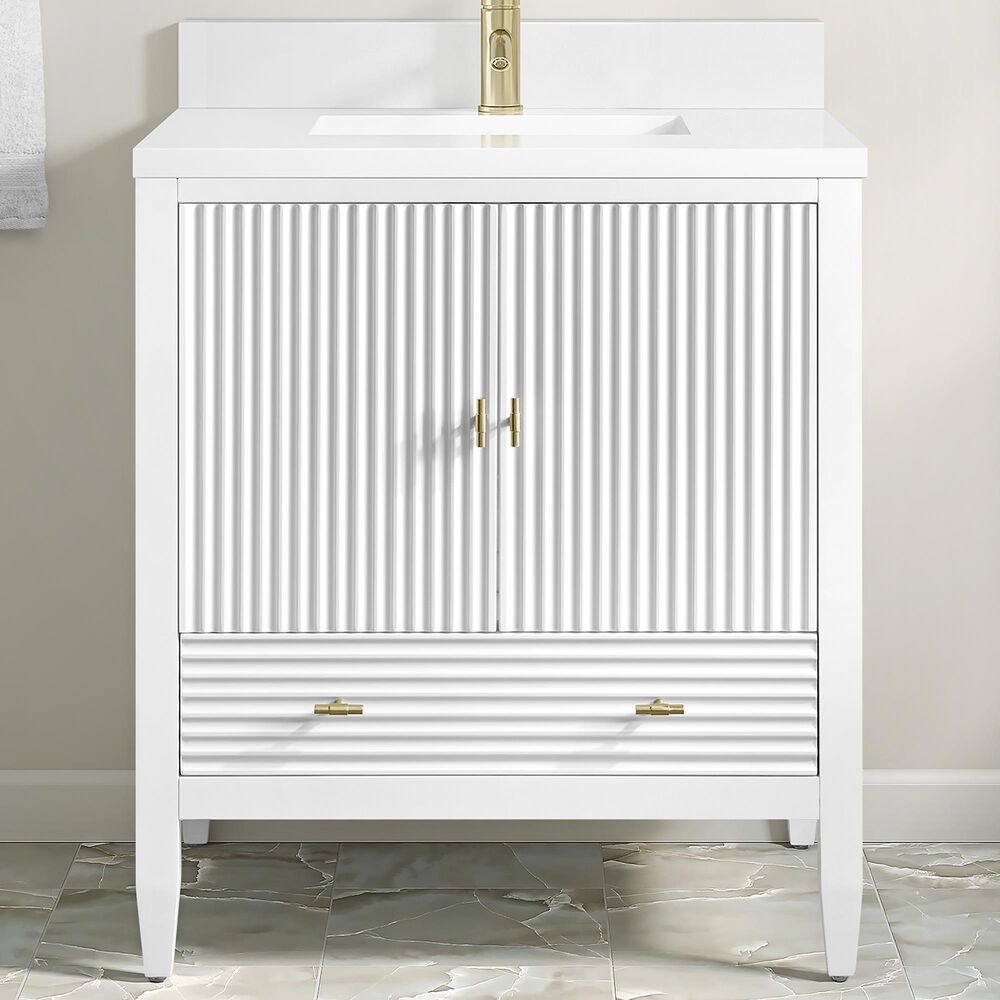 James Martin Myrrin 30" Single Bathroom Vanity in Bright White with Single Hole 3 cm White Zeus Silestone Top and Rectangular Sink, , large