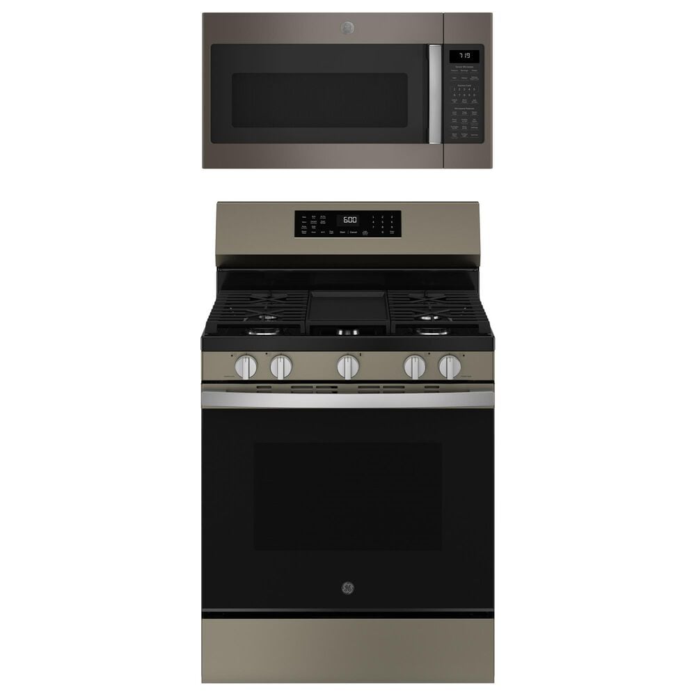 GE Appliances 2-Piece Kitchen Package with 5.3 Cu. Ft. Free-Standing Gas Range and 1.9 Cu. Ft. Over-The-Range Microwave in Fingerprint Resistant Slate and Black, , large