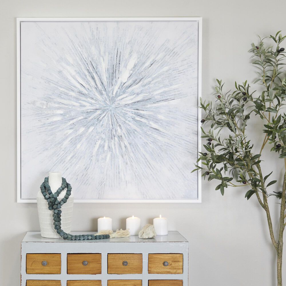 Maple and Jade 39&quot; x 39&quot; Canvas Starburst Radial Wall Art with Silver Frame in White, Blue and Gray, , large