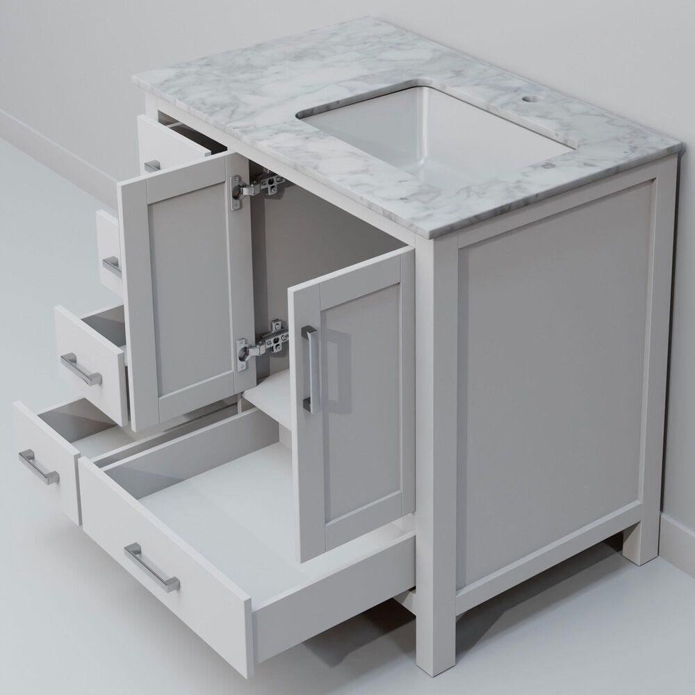 Lexora Home Jacques 36&quot; Right Offset Single Bathroom Vanity in White with 2 cm White Carrara Marble Top and Rectangular Sink, , large