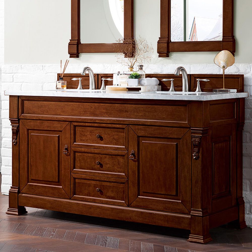 James Martin Vanities Brookfield 60&quot; Double Bathroom Vanity in Warm Cherry with 3 cm Eternal Jasmine Pearl Quartz Top and Rectangle Sinks, , large