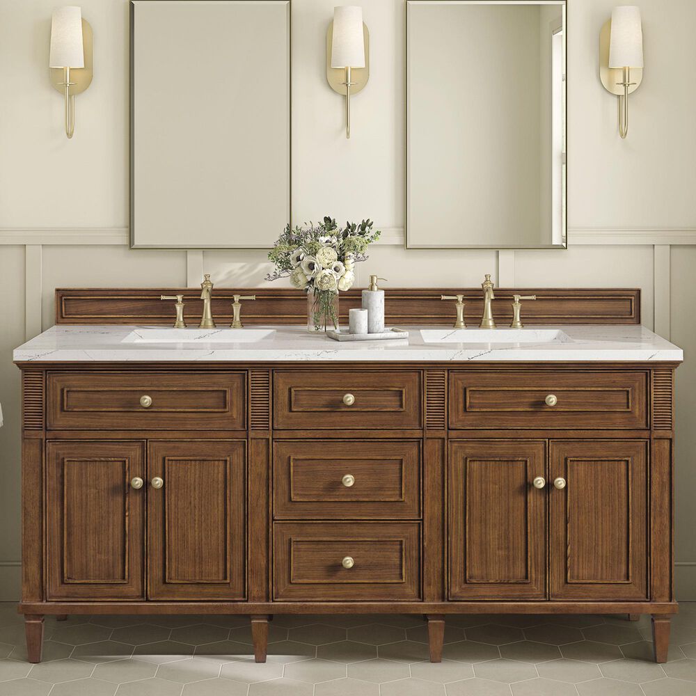 James Martin Vanities Lorelai 72&quot;Double Vanity in Mid-Century Walnut with 3 cm Ethereal Noctis Quartz Top, , large
