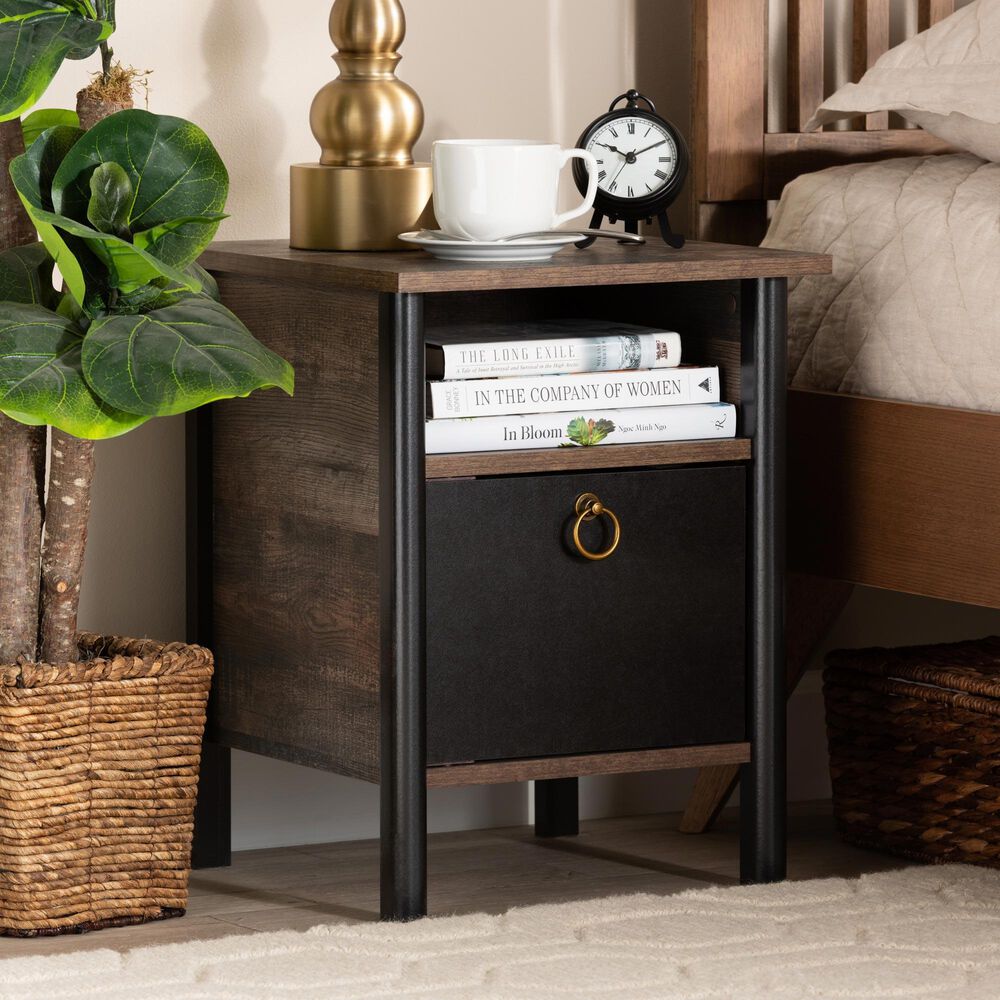 Baxton Studio Vaughan 1-Door Nightstand in Dark Brown, Rustic Brown and Black, , large
