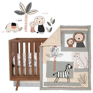 Lambs and Ivy Patchwork Jungle 4-Piece Crib Bedding Set in Heather Gray, Creamy and White, , large