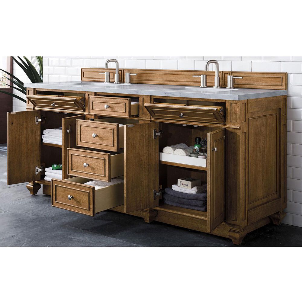 James Martin Vanities Bristol 72&quot; Double Bathroom Vanity in Saddle Brown with 3 cm Arctic Fall Solid Surface Top and Rectangular Sinks, , large