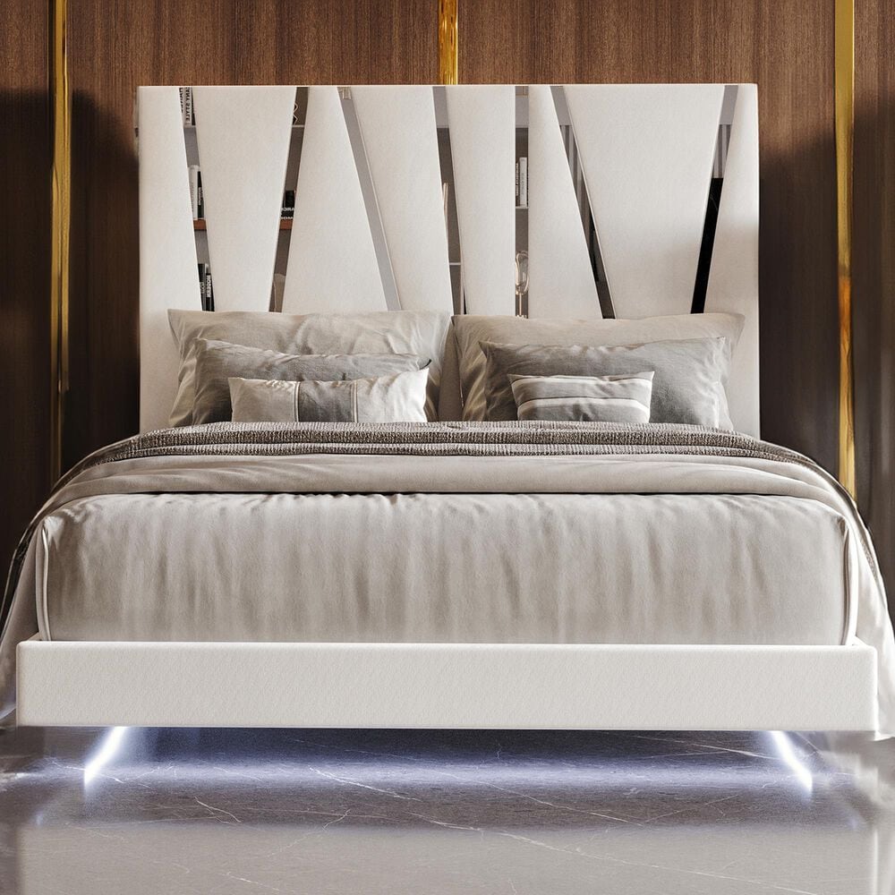 New Heritage Europa Queen Upholstered Panel Bed with Lighting in White, , large