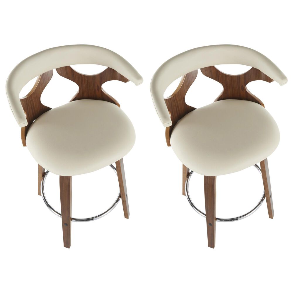 LumiSource Gardenia Swivel Fixed-Height Counter Stool with Cream Fabric Upholstery in Chrome and Walnut (Set of 2), , large