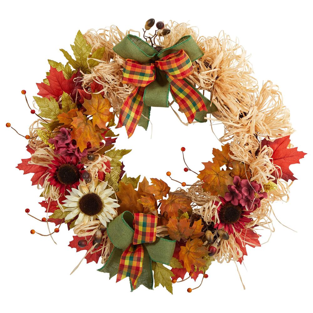 Nearly Natural Inc 30in. Harvest Autumn Sunflower, Maple Leaves and Berries Artificial Fall Wreath with Decorative Bows, , large