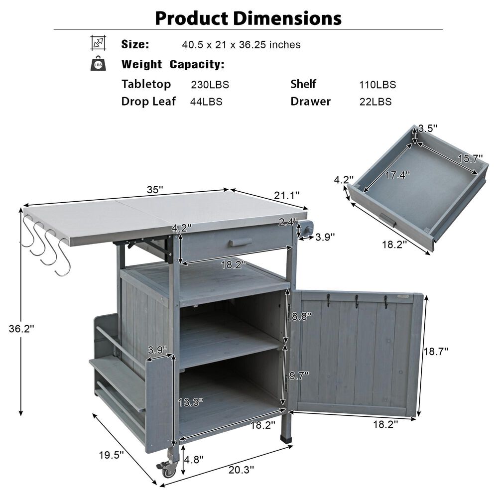 HOMLUX 40.5" Outdoor Kitchen Island with One Drawer in Blue Grey and Stainless Steel, , large